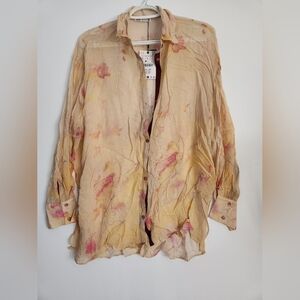 NWT Zara Burgundy and Cream Shirt, Lingerie, Sheer, Long Top, Button Down, Sz S